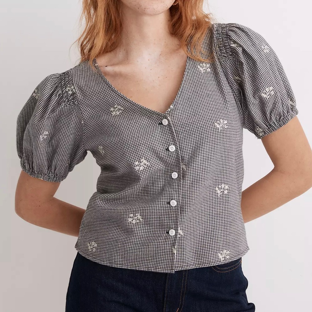 NWT, MADEWELL, flannel embroidered bubble sleeve crop top blouse, M